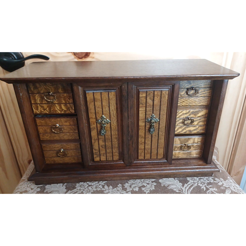 VTG Wood Jewelry Large Box MCM Organizer Japan 16x7x9* READ Cracked Mirror - Picture 15 of 16
